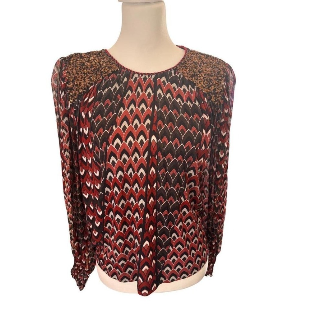 Blank London Sequin‎ Shoulder Geometric Print Lurex Blouse Red Black XXS